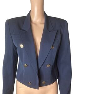 Vintage Etienne Aigner Wool Blazer Womens 40 Open Front Navy Blue Metal Buttons